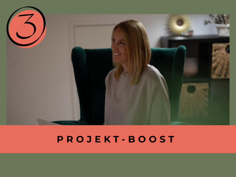 Projekt Boost Kristina Hennicke sitzt auf einem grünen Sessel und arbeitet am Lap Top.